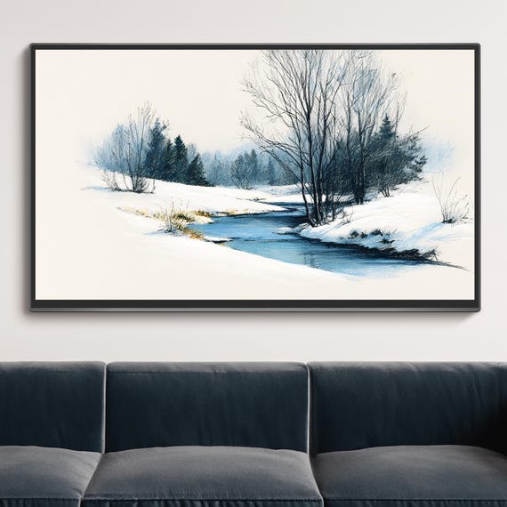 Winter River Landscape Frame Tv Art Snowy Forest Painting