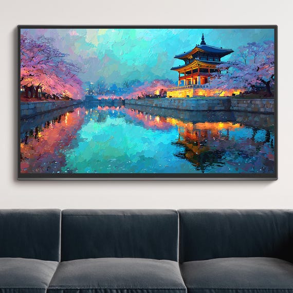 Seoul Temple Frame Tv Art Cherry Blossom Palace Painting