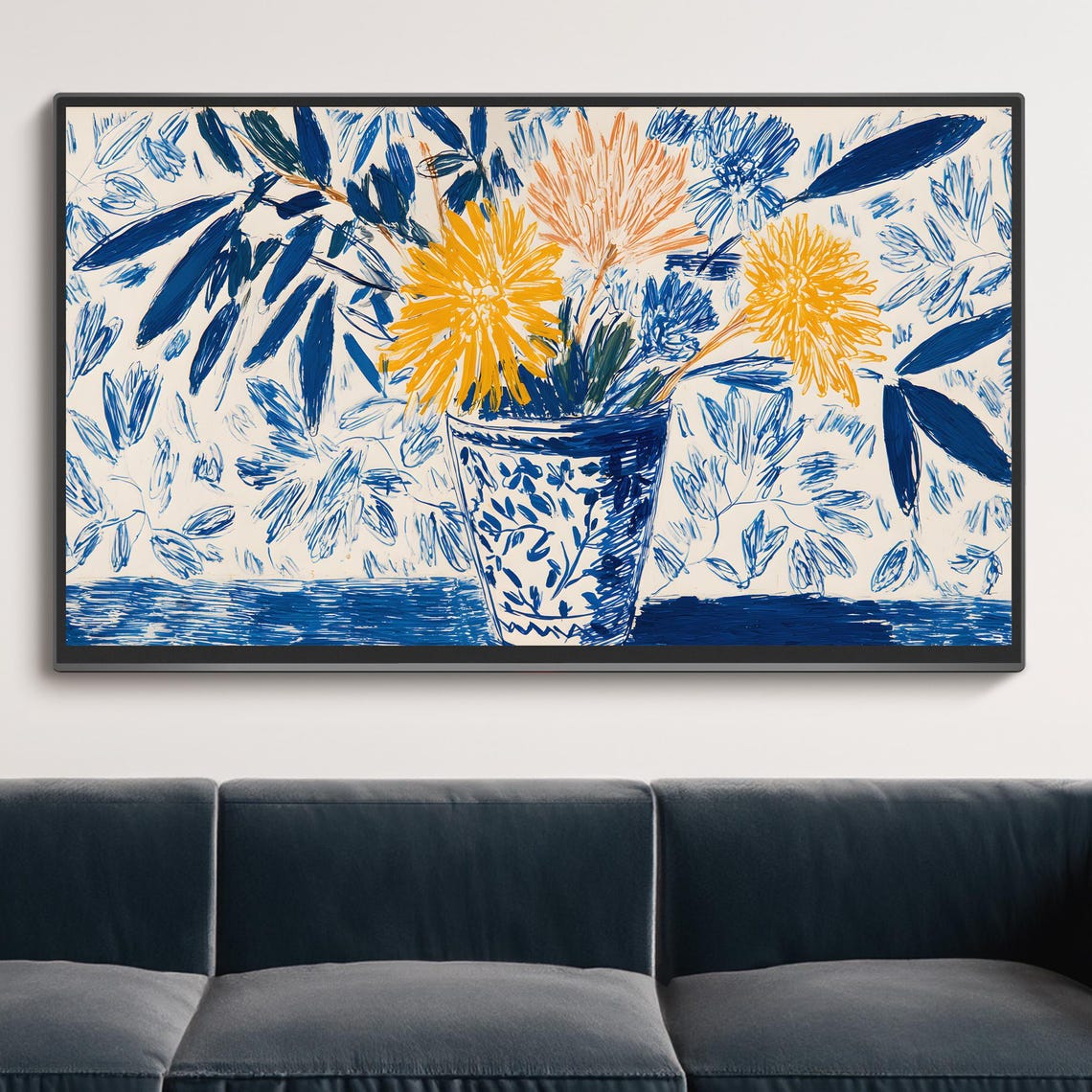 Blue and Yellow Flowers Vase Hand Drawn Modern Still Life Art Print
