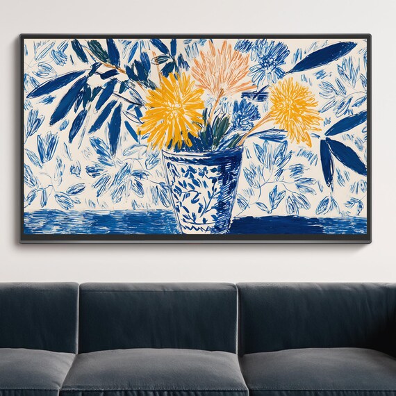Blue and Yellow Flowers Vase Hand Drawn Modern Still Life Art Print