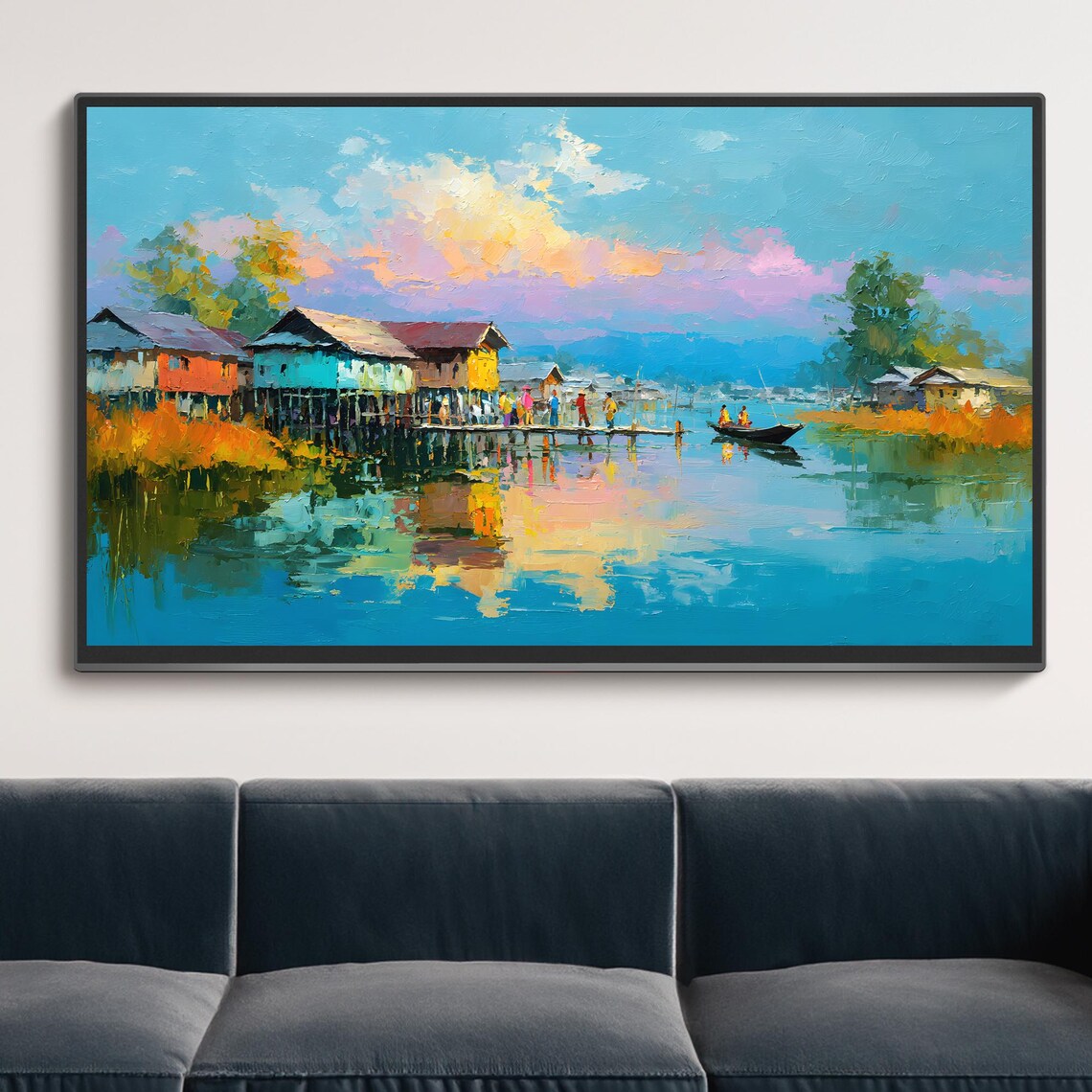 Stilt Houses Painting, Tropical Floating Village