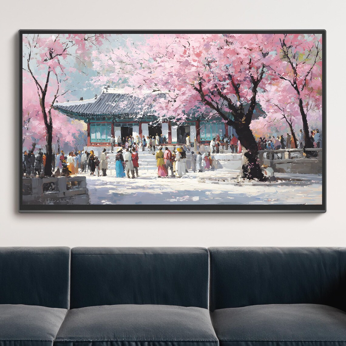 Korean Palace Cherry Blossoms Spring Hanbok Crowd Painting Poster Art