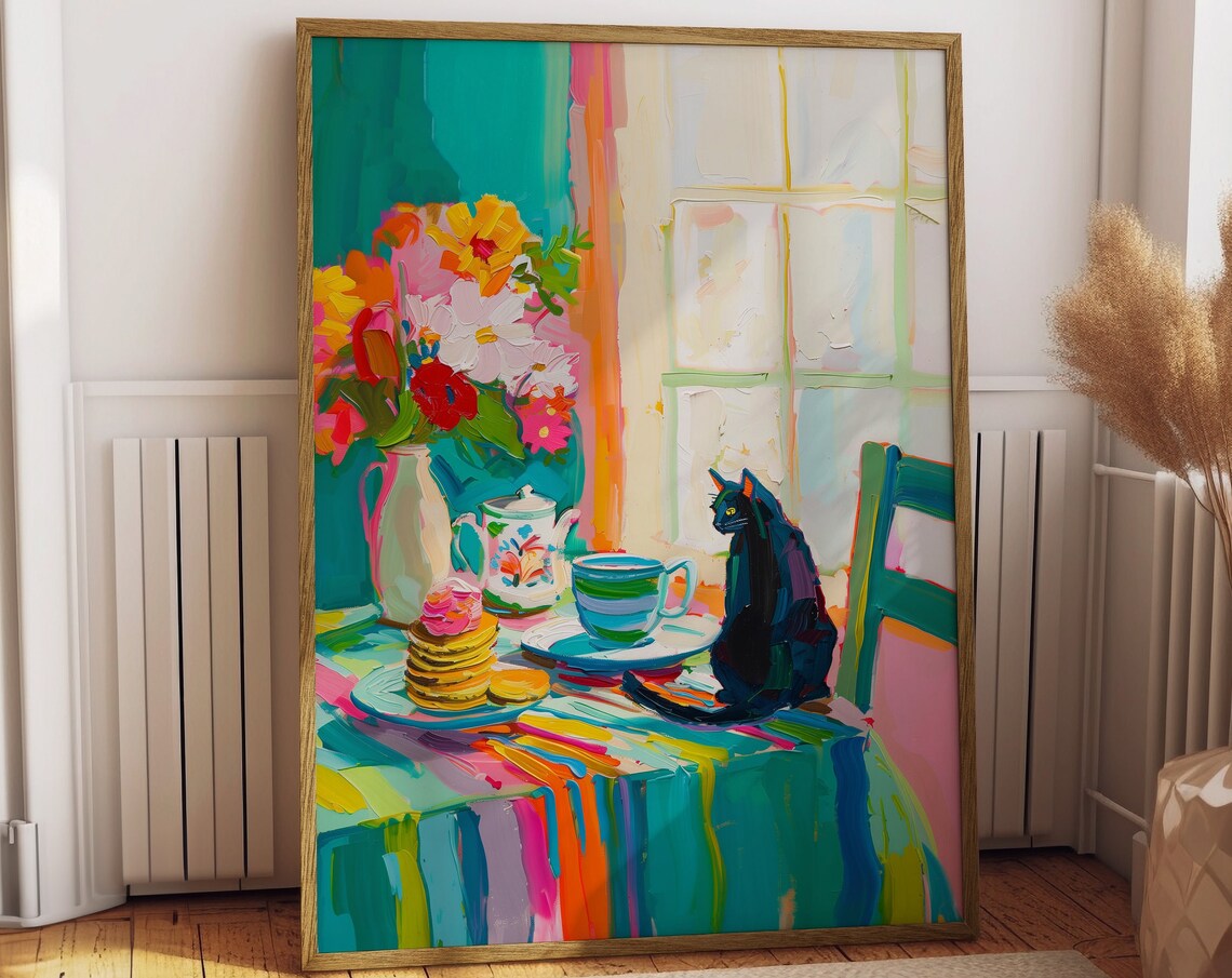 Black Cat At Breakfast Table, Matisse-Inspired Art Print