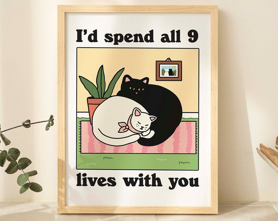 Retro Cat Romantic Quote Poster, Cozy Home Print