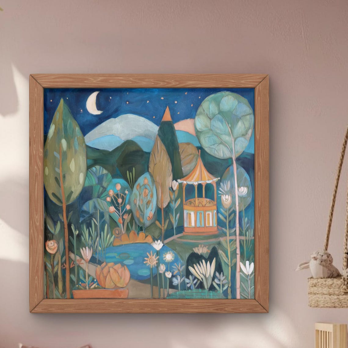 Moonlit Garden Whimsical Gazebo Crescent Moon Landscape Poster