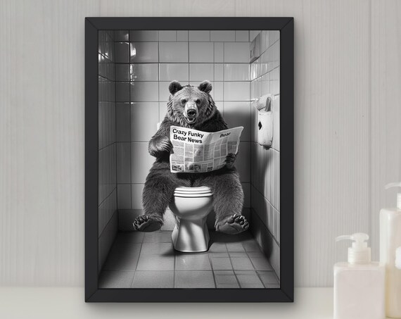 Grizzly Bear Reading a Newspaper on the Toilet Funny Bathroom Poster