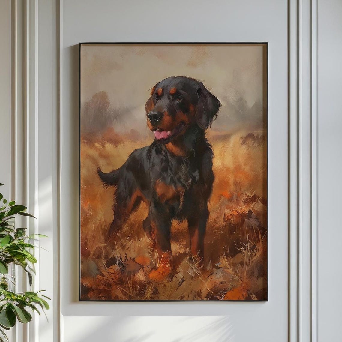 Gordon Setter Rustic Painting Black Tan Dog Autumn Field Print