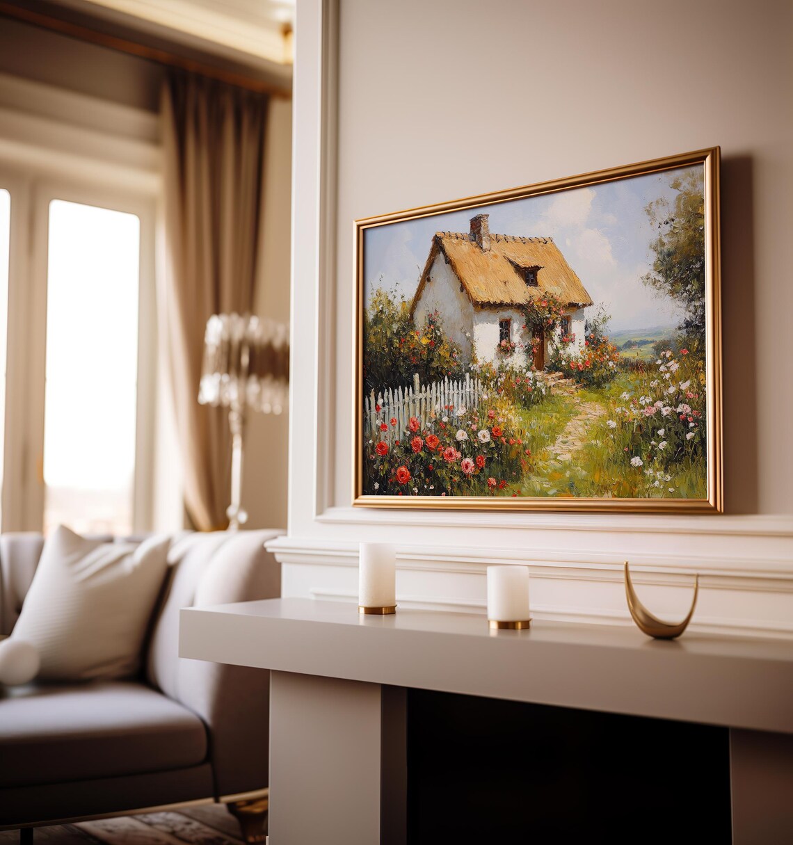 White Thatched Cottage Roses Garden Oil Painting Country Poster - Image 4