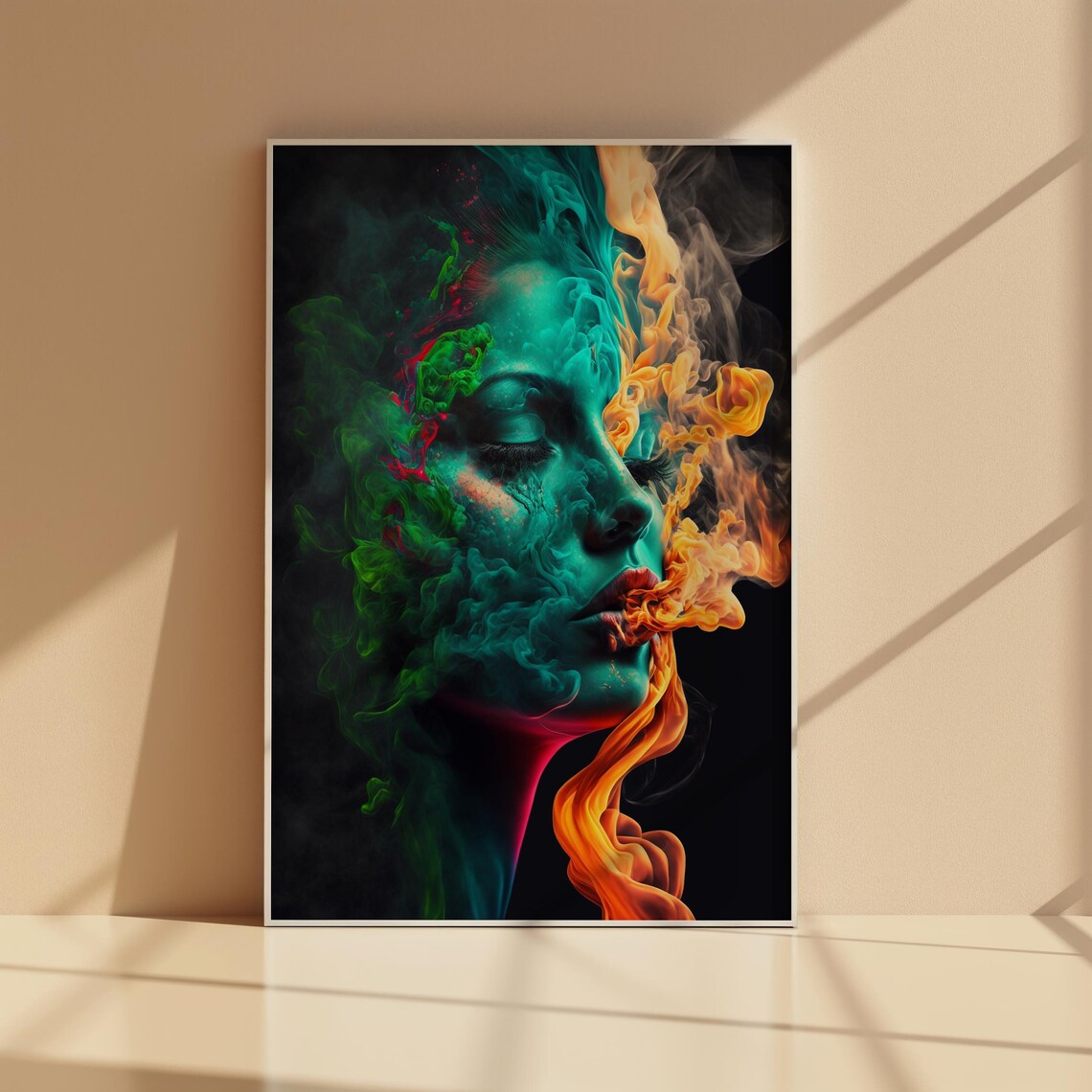 Ethereal Woman Smoke Portrait Teal Orange Mist Psychedelic Art Poster - Image 5