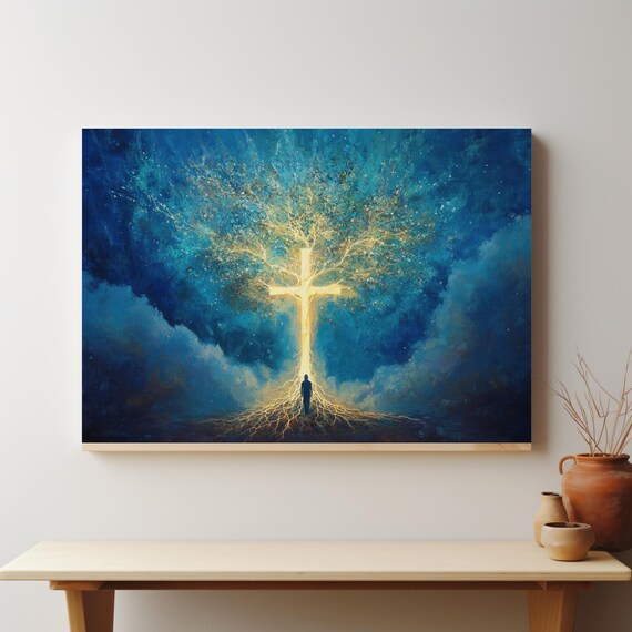 Spiritual Golden Cross Tree Of Life Glowing Roots Faith Night Sky Poster