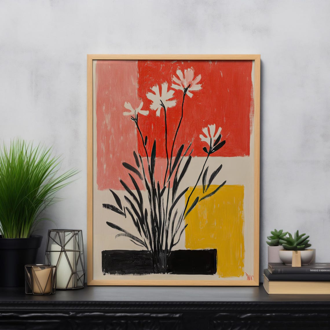Abstract White Blossoms Floral Art Red Coral Yellow Blocks Poster - Image 8