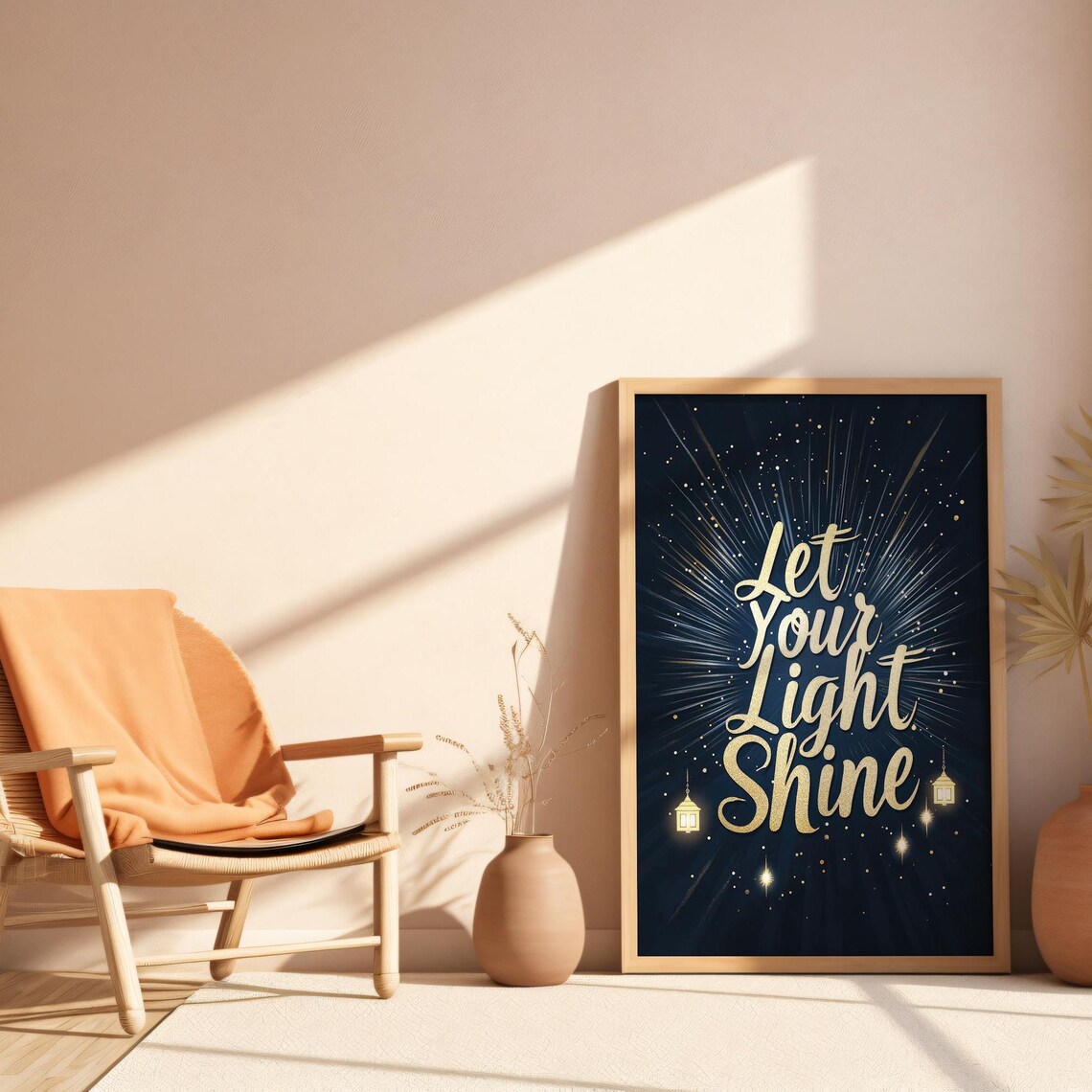 Let Your Light Shine Inspirational Print Gold Foil Typography Art Elegant Wall Decor With Dark Background And Glowing Lanterns Ai Art - Image 4