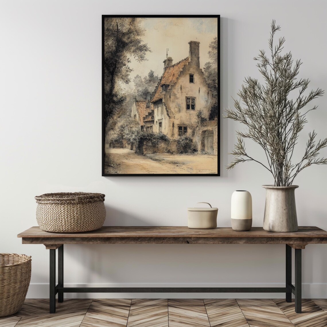Vintage European Cottage Illustration Old Stone House Lane Poster - Image 7