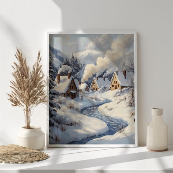 Winter Village Landscape Snowy Mountain Cottage Scene Serene Winter Wonderland Cozy Rustic Cabin Art Cozy Home Decor