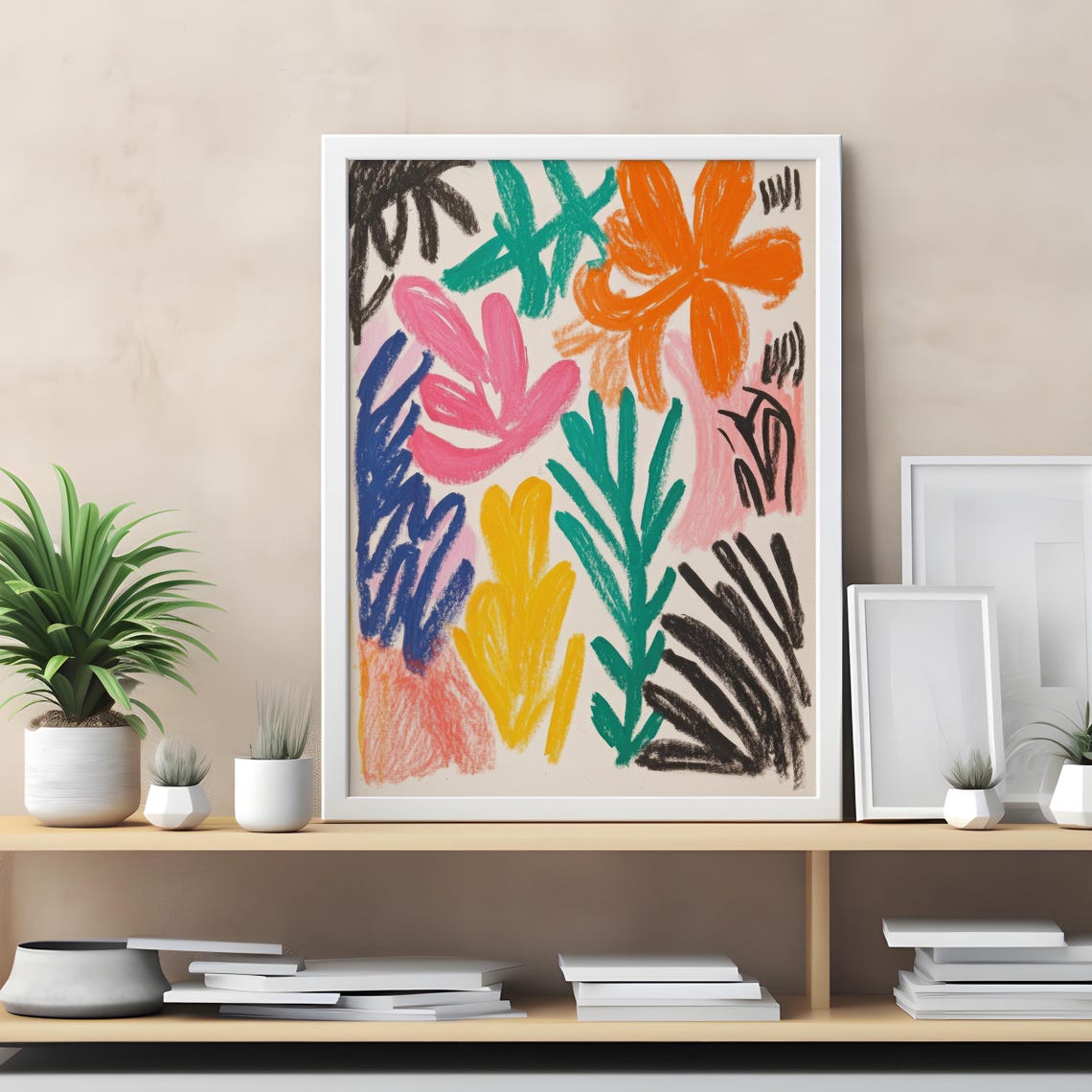 Tropical Botanical Abstract Colorful Crayon Leaves Flowers Poster - Image 6