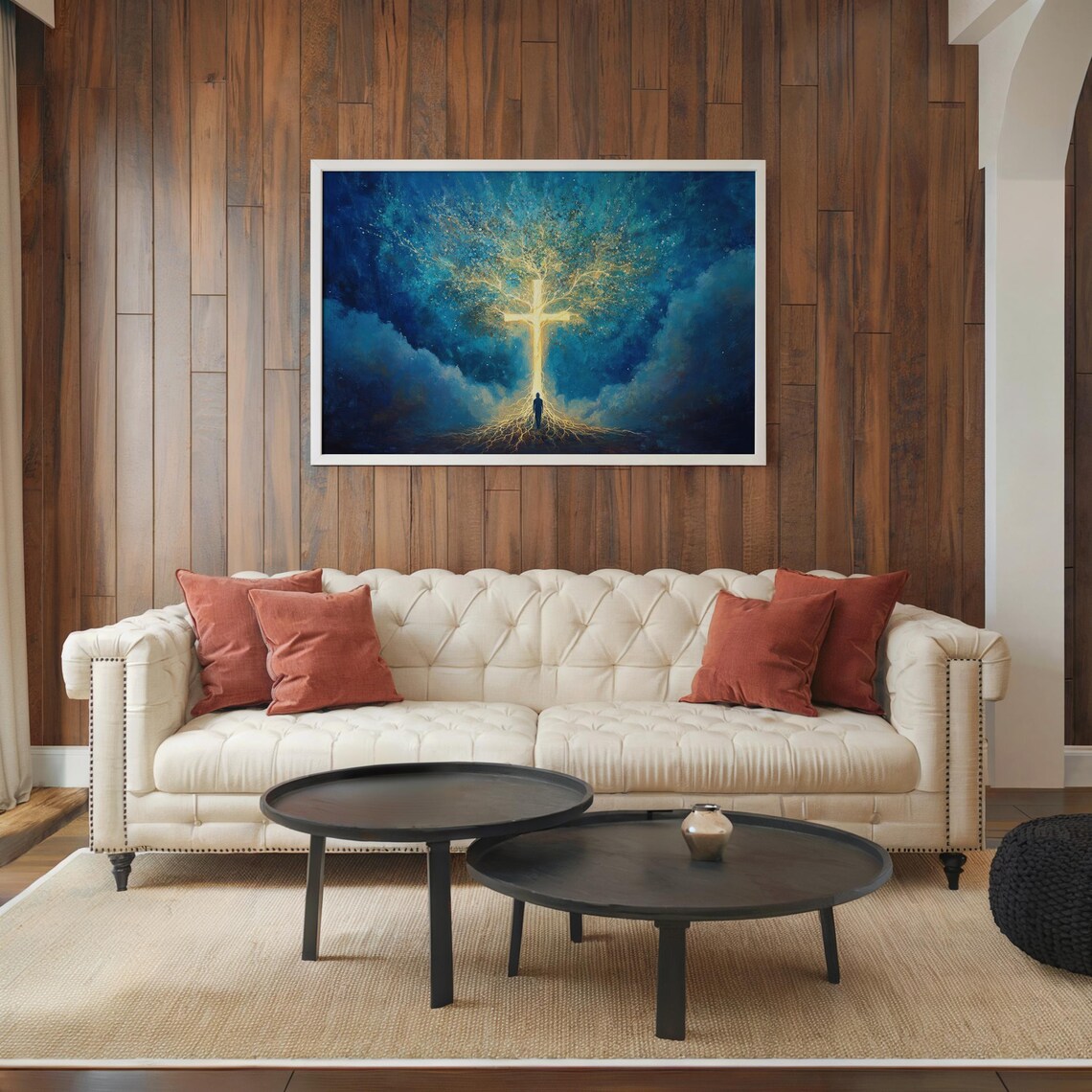 Spiritual Golden Cross Tree Of Life Glowing Roots Faith Night Sky Poster - Image 2