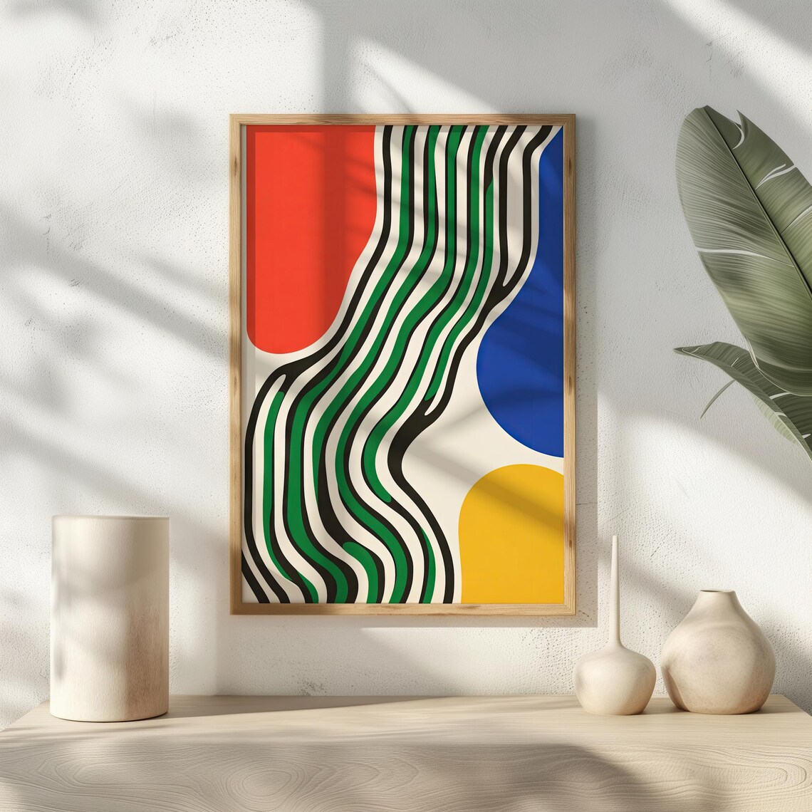 Retro Wavy Stripes Abstract Art Red Blue Yellow Color Block Poster - Image 4