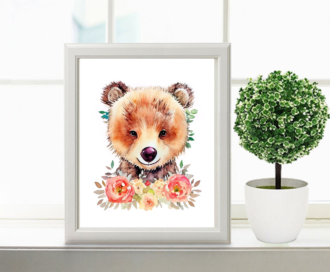 Baby Bear Cub With Pink Flowers Watercolor Nursery Animal Poster - Image 2