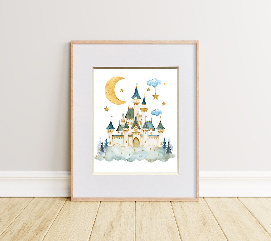 Watercolor Castle Under Crescent Moon With Stars Fantasy Art Poster - Image 2