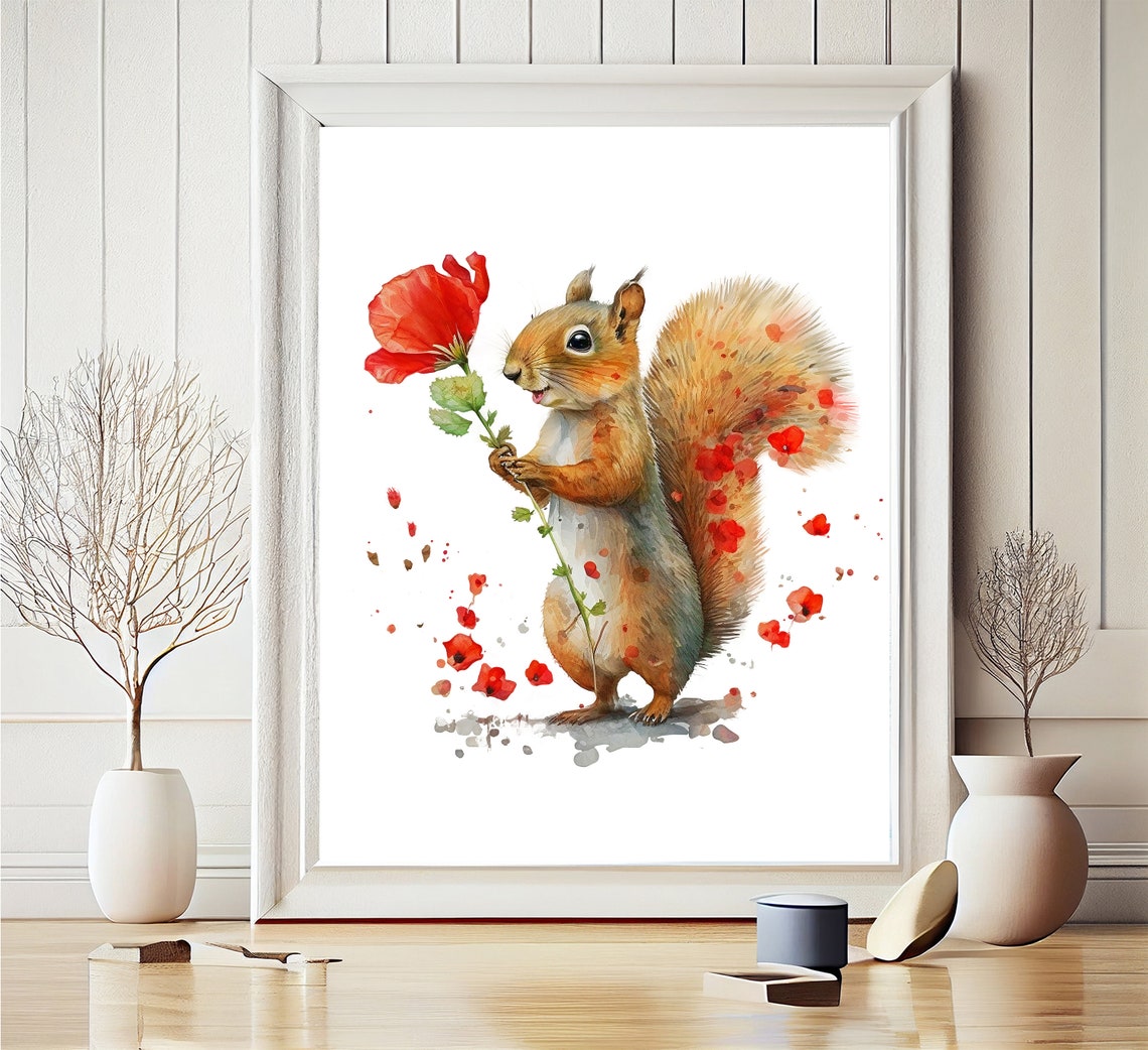 Cute Squirrel Holding Red Poppy With Falling Petals Whimsical Poster - Image 2