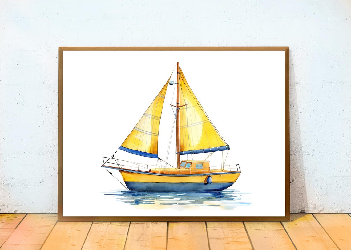 Yellow Sailboat With Golden Sails On Calm Water Nautical Art Poster