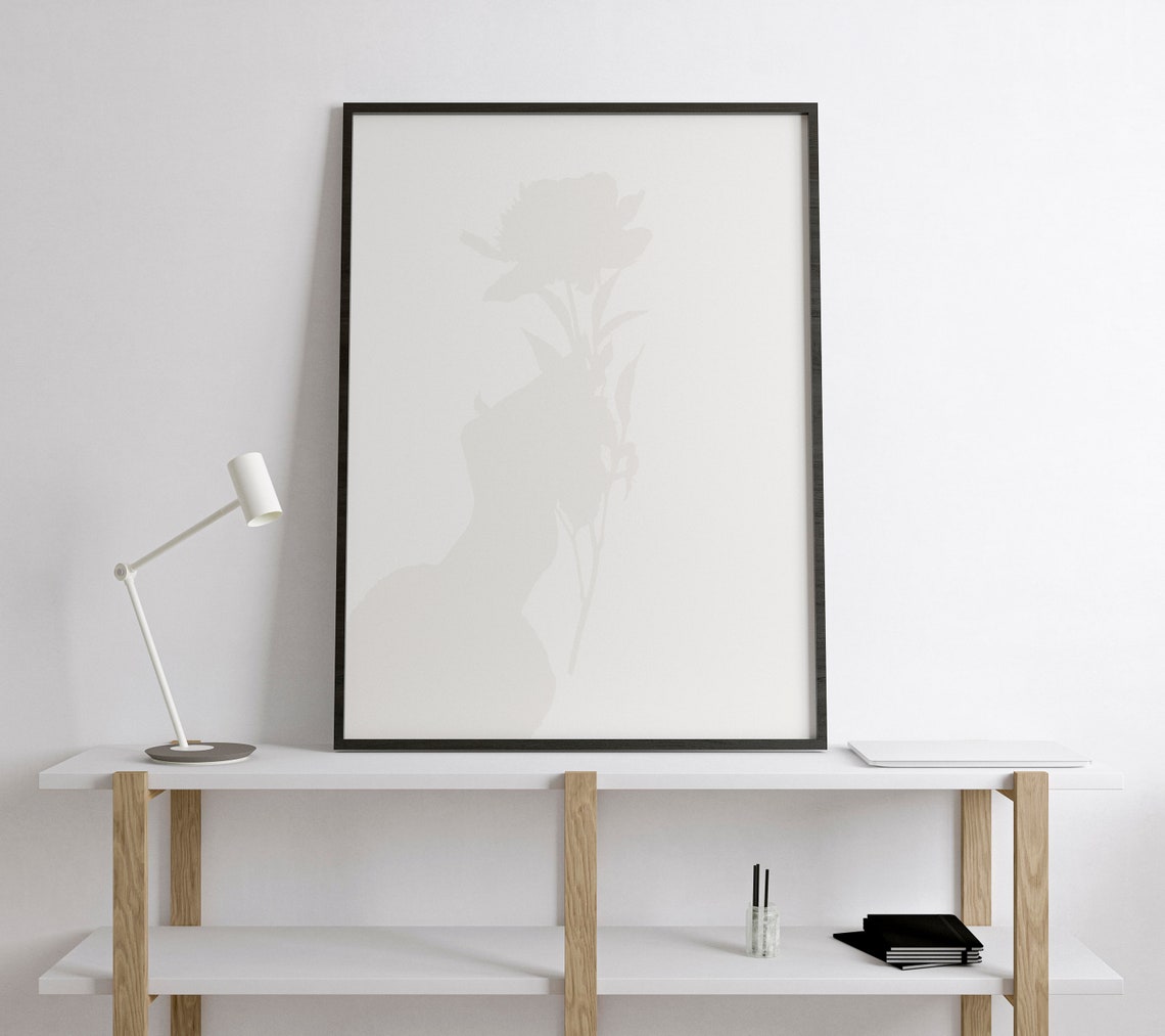 Hand Holding Flower Faint Beige Shadow Minimalist Art Poster