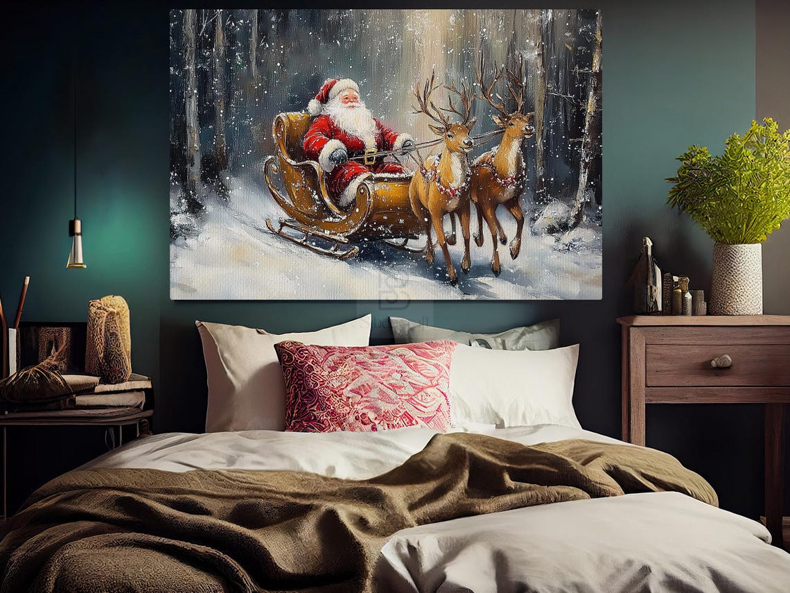Vintage Santas Sleigh Painting Warm Santa Season Cottage Santa Claus Poster Print Christmas Wall Art Cozy Christmas Decor - Image 5