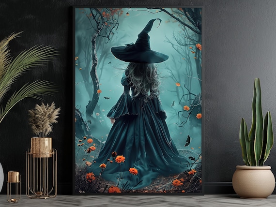 Dark Earth Witch in the Forest, Halloween Art Print