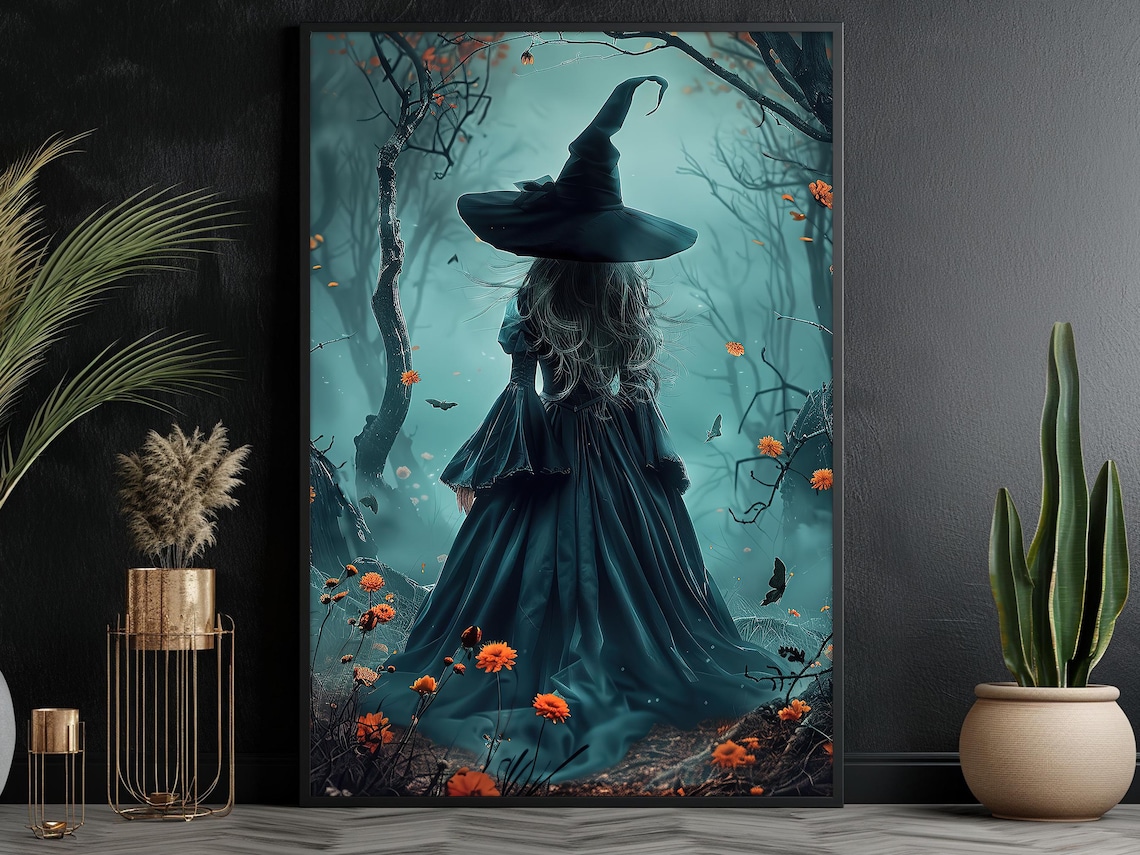 Dark Earth Witch in the Forest, Halloween Art Print