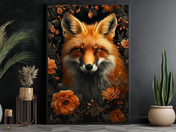 Red Fox Among Orange Flowers On Black Floral Wildlife Portrait Wall Poster