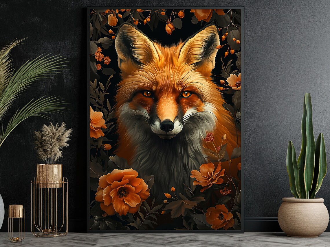 Red Fox Among Orange Flowers On Black Floral Wildlife Portrait Wall Poster