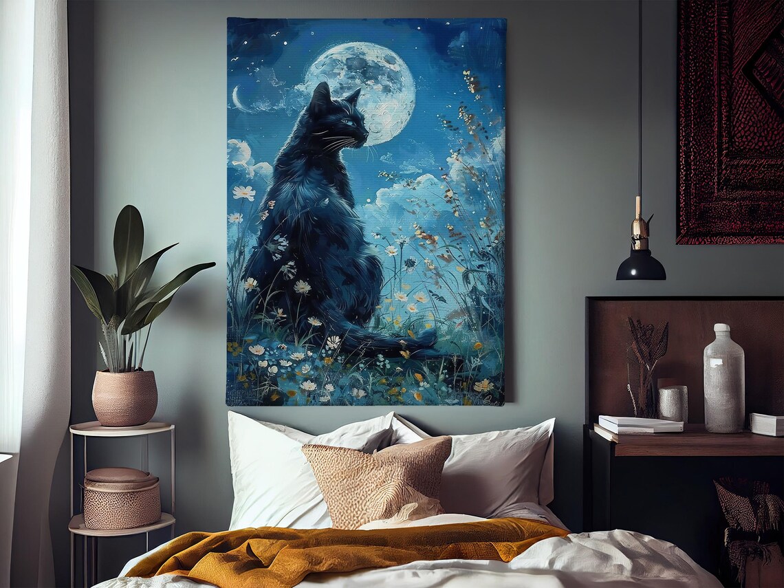 Black Cat Under Full Moon Night Wildflowers Mystical Art Poster - Image 3
