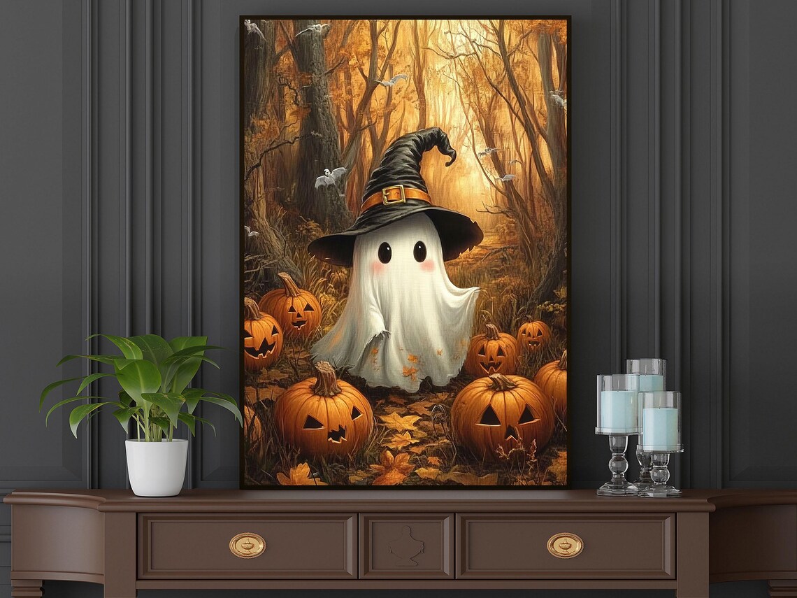 Vintage Cute Witchy Ghost Halloween Art Print - Image 3
