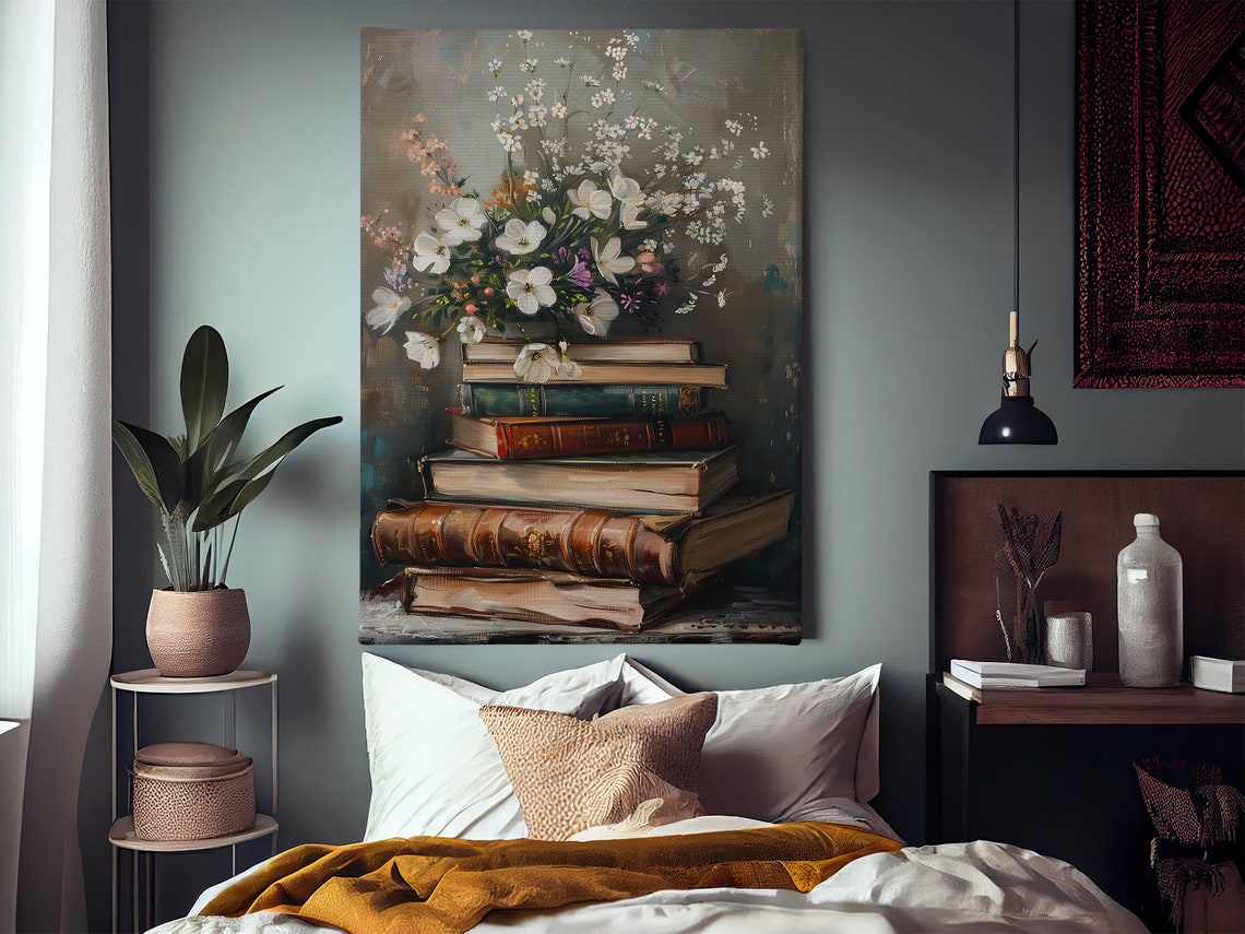 Vintage Flowers And Books Painting Flowers Vase Print Cottage Flowers Flowers Poster Flowers Wall Art - Image 2