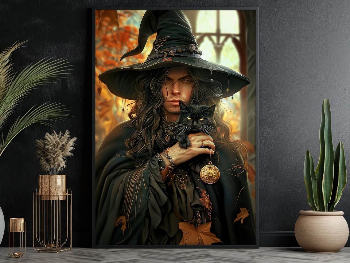 Dark Witch Black Cat Autumn Leaves Gothic Portrait Witchy Halloween Art Print - Image 5