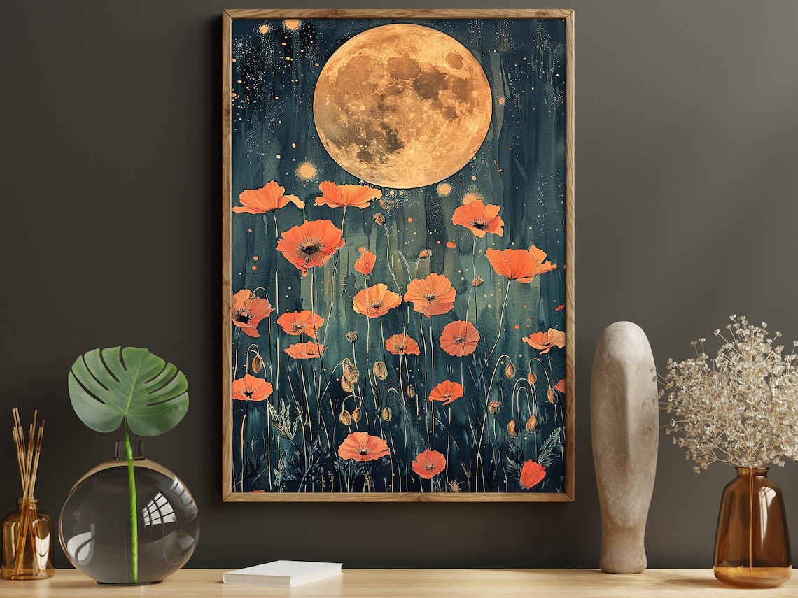 Harvest Moon Over Orange Poppies Dreamy Night Sky Botanical Poster