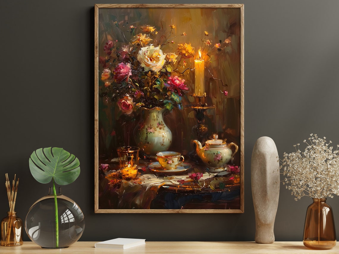 Vintage Flowers Vase And Teapot Oil Painting Flowers Vase Print Cottage Flowers Flowers Poster Flowers Wall Art