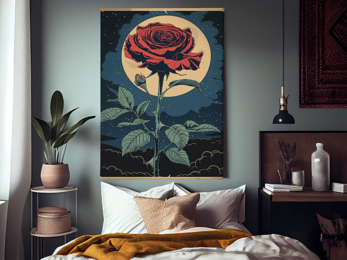 Red Rose Against Full Moon Starry Night Vintage Botanical Art Poster - Image 2