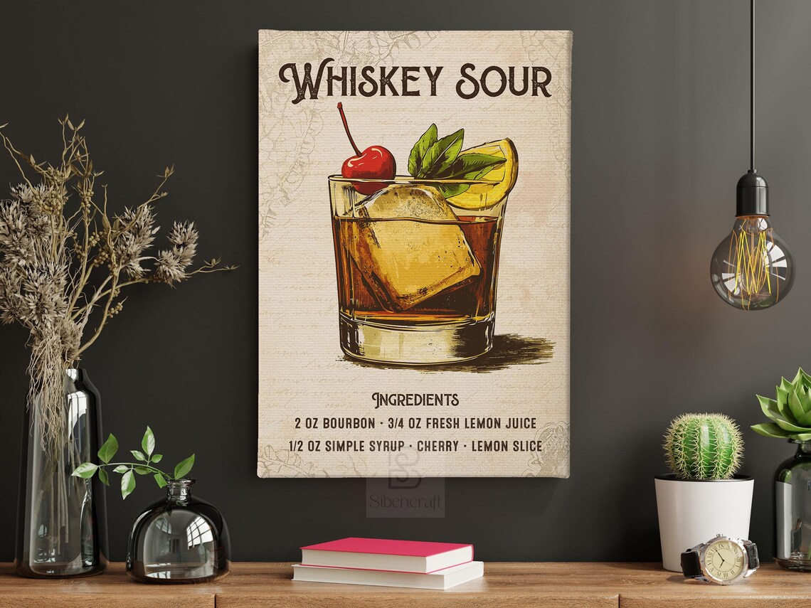 Vintage Whiskey Sour Cocktail Recipe Wall Art Bourbon Cherry Orange Poster - Image 6