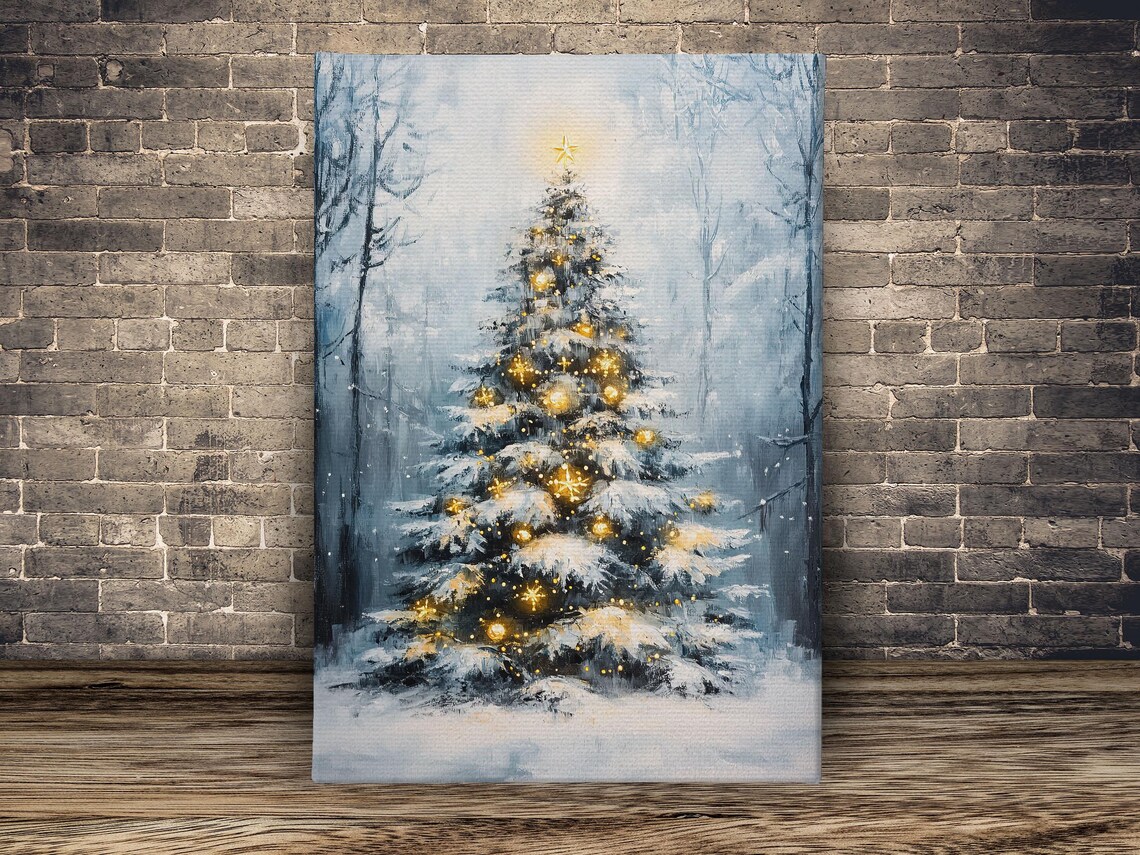 Snowy Christmas Tree With Golden Lights In Winter Forest Night Poster - Image 2