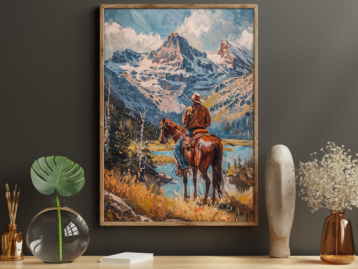 Cowboy On Horseback Snowy Mountain Lake Western Landscape Poster