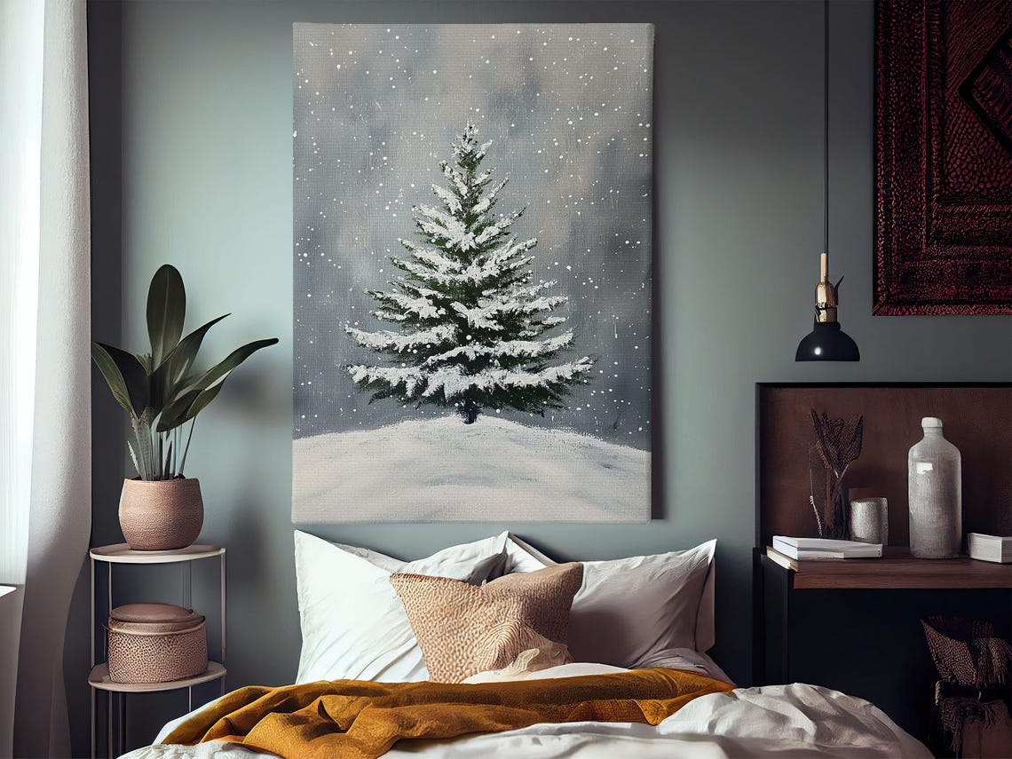 Snowy Pine Tree In Falling Snow Minimalist Winter Landscape Wall Art - Image 4