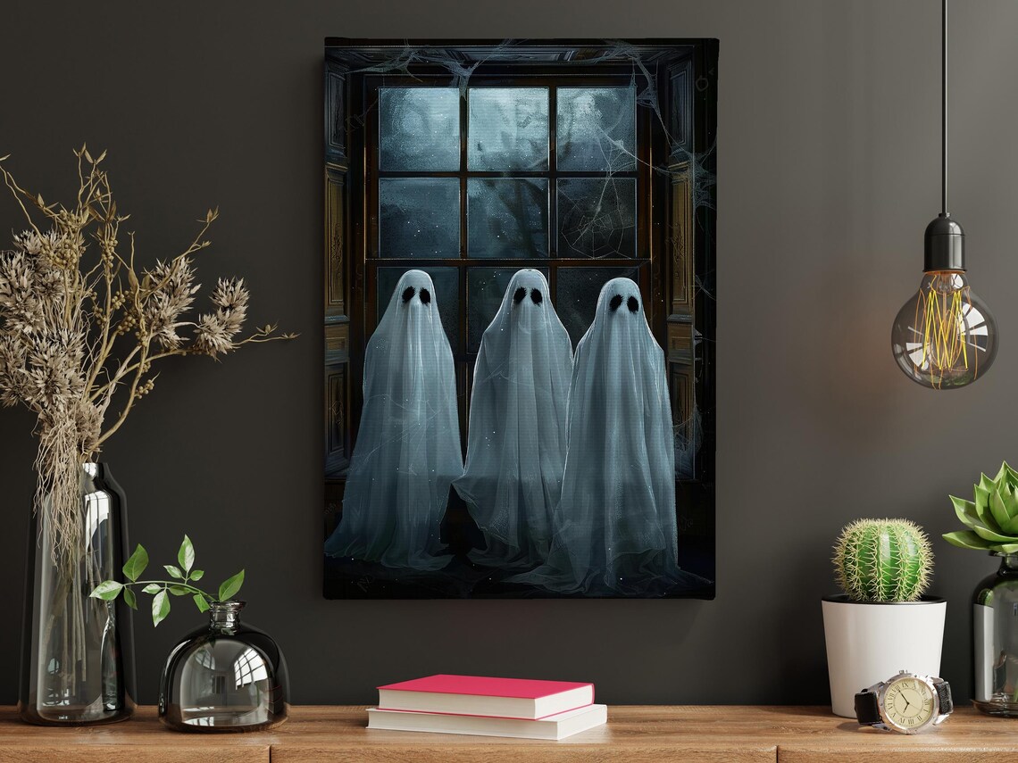 Three Ghosts by Moonlit Window with Spiderwebs Haunted Night Art Poster - Image 4