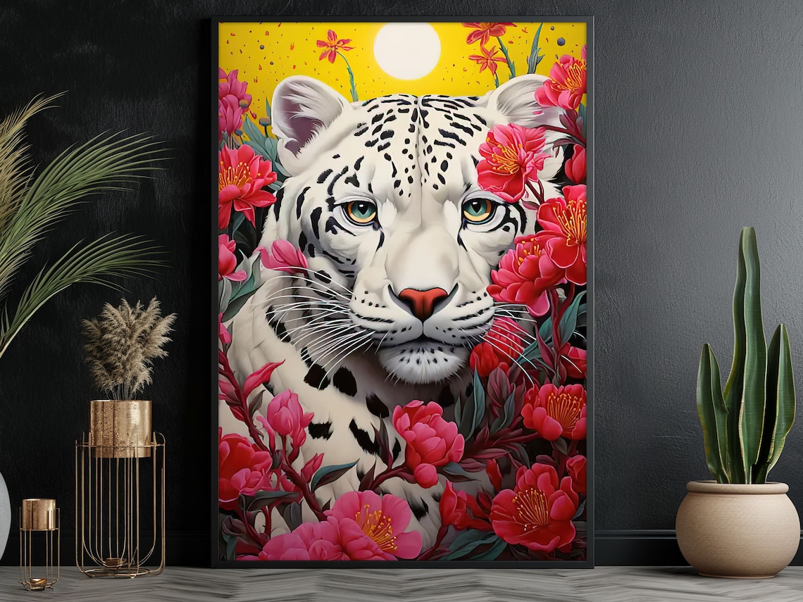 Matisse-Inspired White Tiger and Flowers Art Print