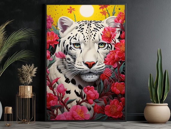 Matisse-Inspired White Tiger and Flowers Art Print