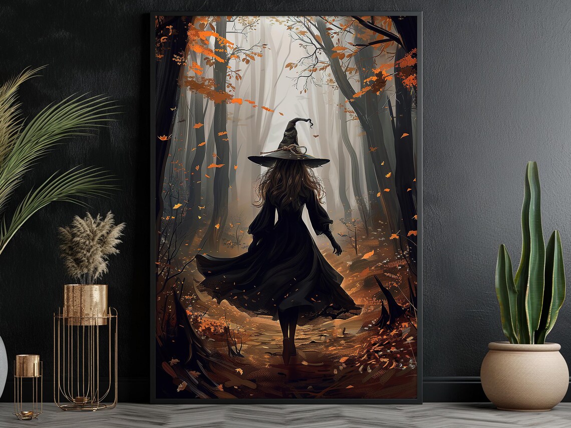 Vintage Young Witch In The Forest Halloween Art Print - Image 6