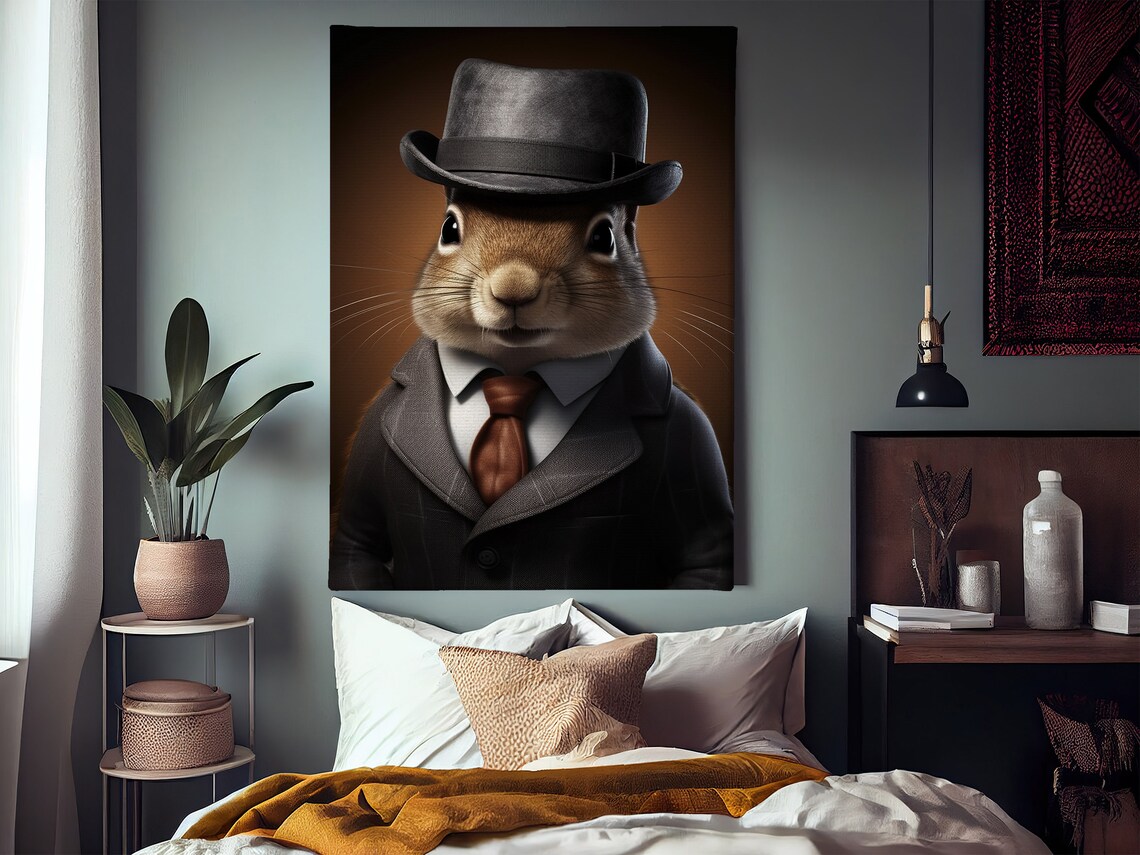 Squirrel In Gray Suit Fedora Gentleman Portrait Funny Animal Wall Poster - Image 3