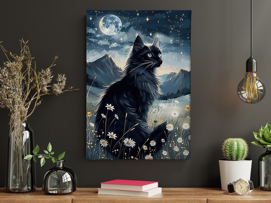 Black Cat Full Moon Night Meadow Daisies Stars Dreamy Animal Art Wall Poster - Image 4
