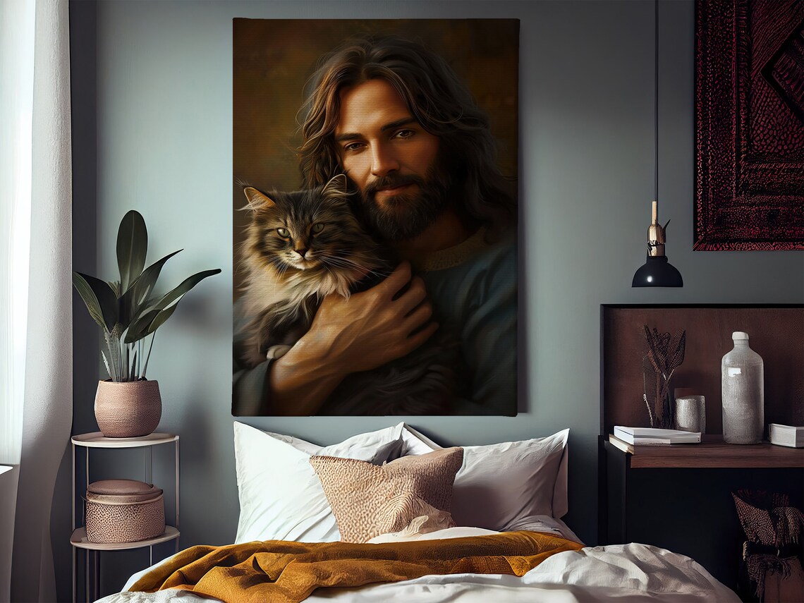 Jesus Holding A Fluffy Tabby Cat Warm Devotional Faith Art Poster - Image 3