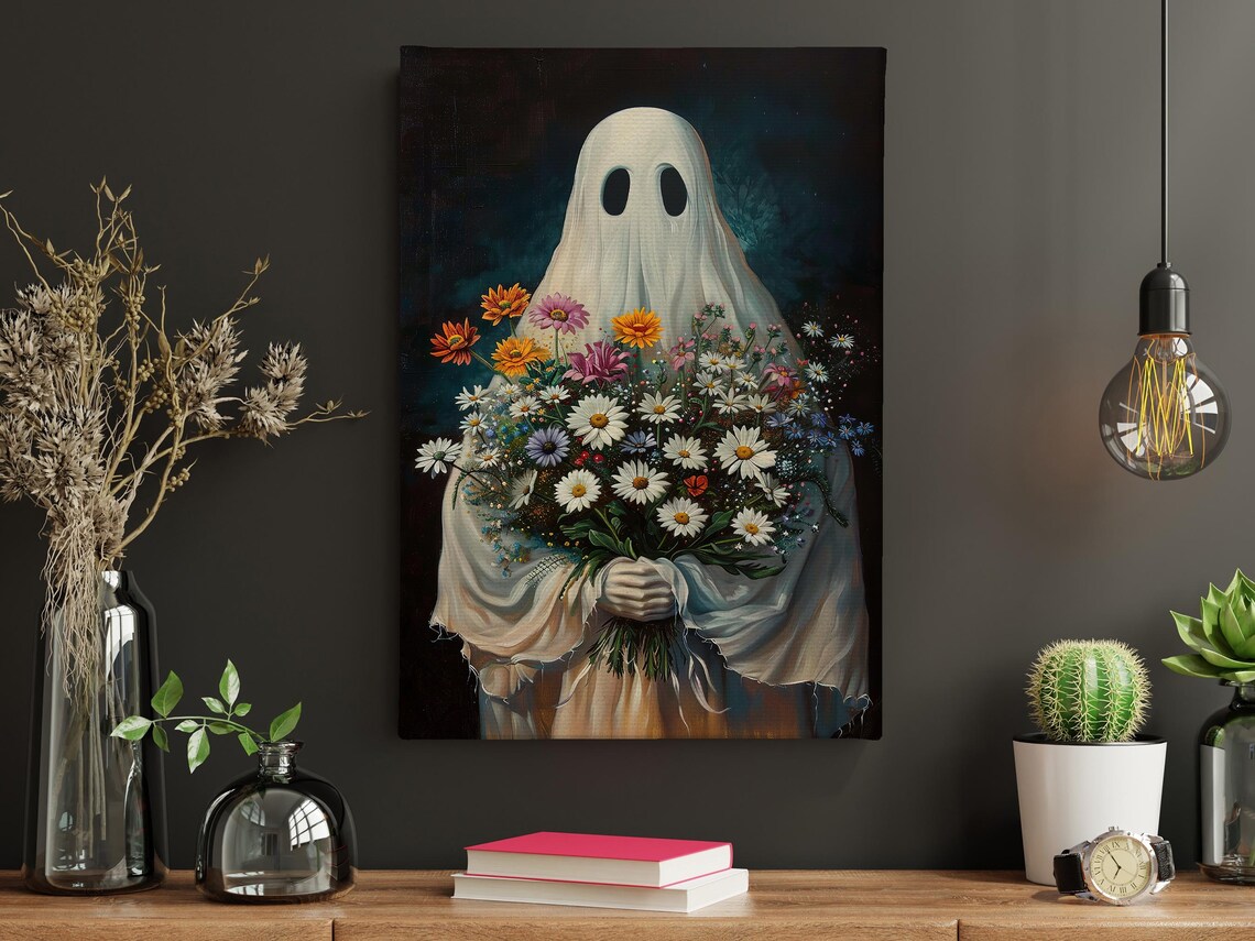 Sweet Ghost Holding Big Bouquet of Wildflowers Dark Floral Art Poster - Image 4